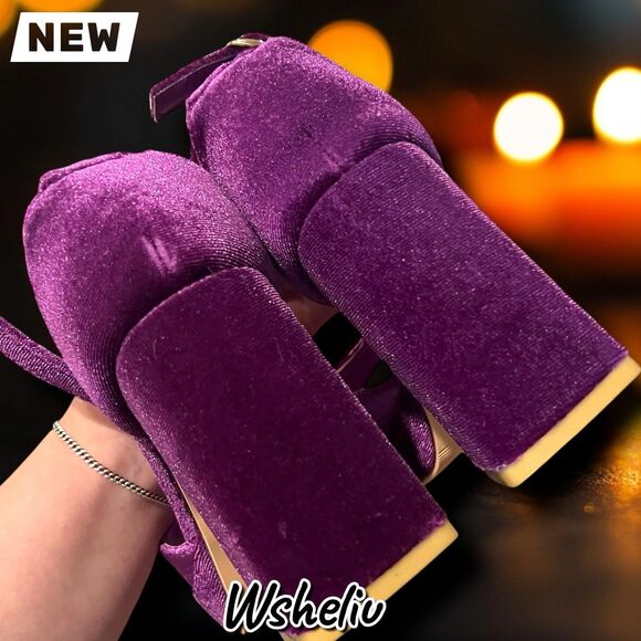 New Wsheliu Purple Velvet Platform Block Heel Sandals – Size 6 - Picture 9 of 10